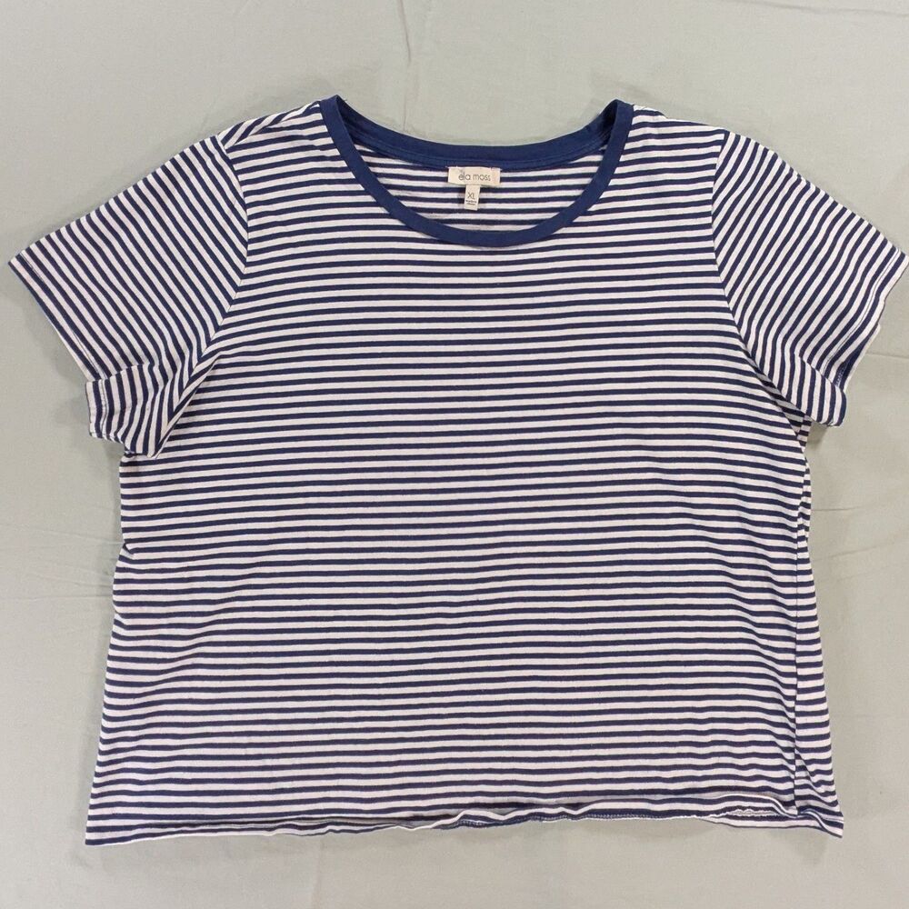 Ella Moss Shirt Womens XL Blue White Striped Short Sleeve Crew Neck
